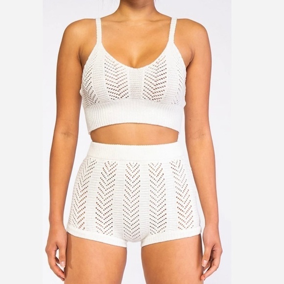 Rehab Lab Knit Tank Top Shorts Set L Two Piece Cropped Off-White Crochet Lounge - Picture 6 of 9